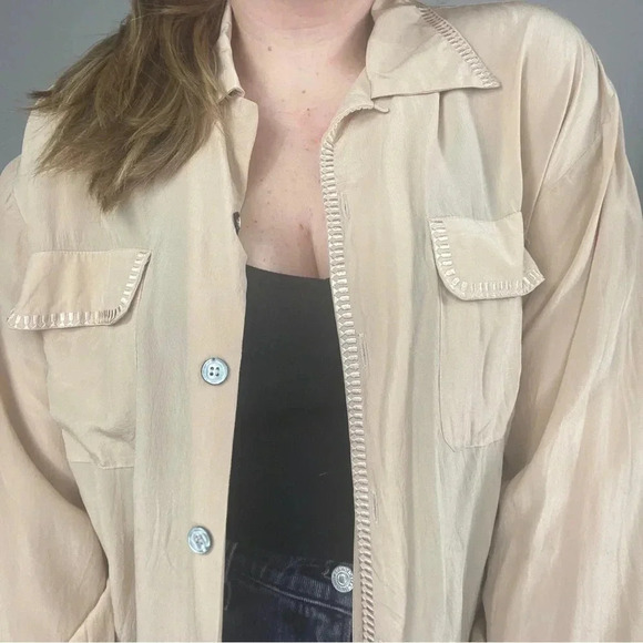 VINTAGE Tan Silk Button Down Shirt with Embroidered Details - Picture 4 of 9